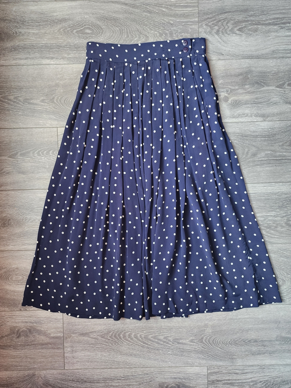 Navy Blue Polka Dot Pleated Midi Skirt